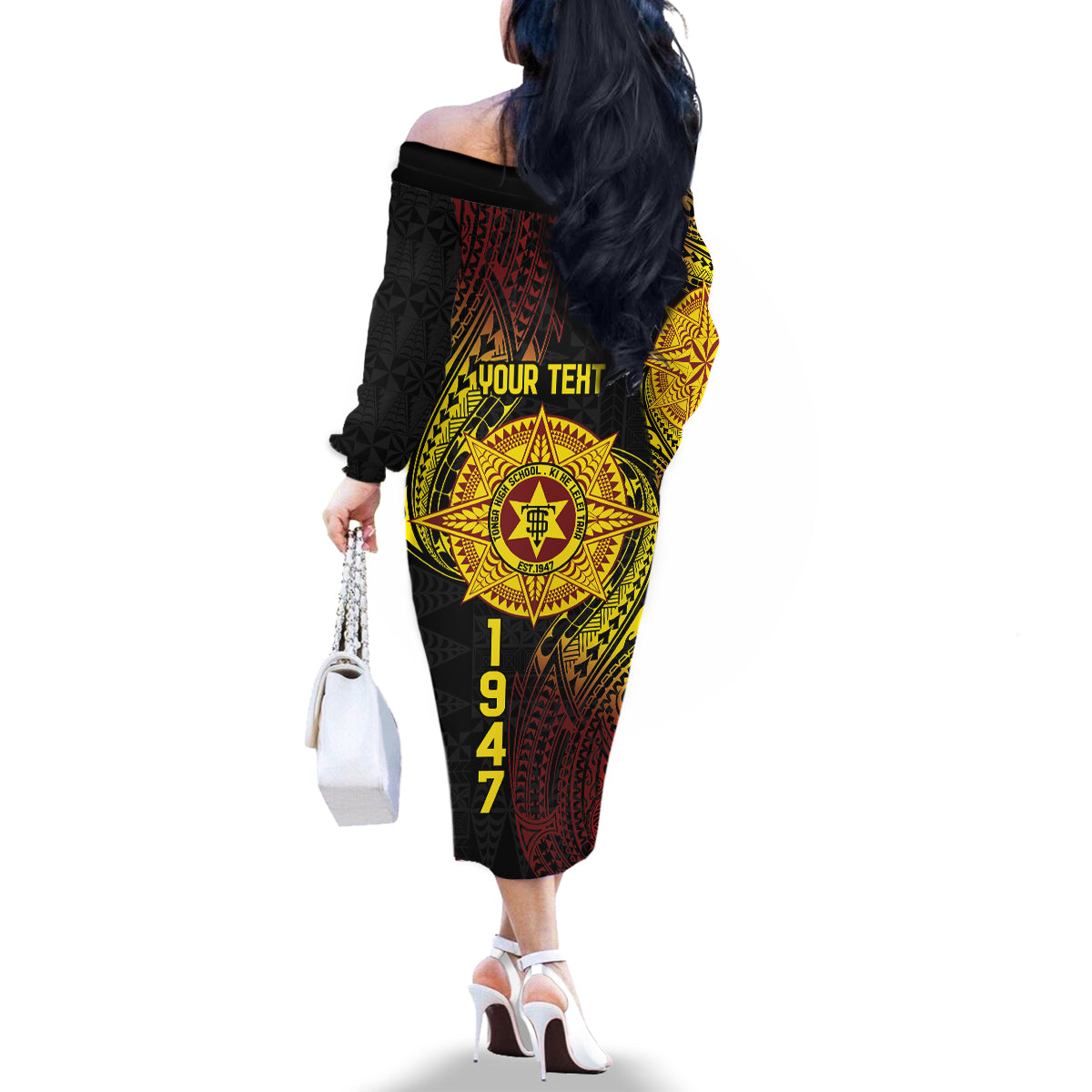 Personalised Tonga High School Family Matching Off The Shoulder Long Sleeve Dress and Hawaiian Shirt Since 1947 Special Kupesi Pattern LT9 - Polynesian Pride
