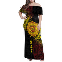 Personalised Tonga High School Family Matching Off Shoulder Maxi Dress and Hawaiian Shirt Since 1947 Special Kupesi Pattern LT9 Mom's Dress Black - Polynesian Pride