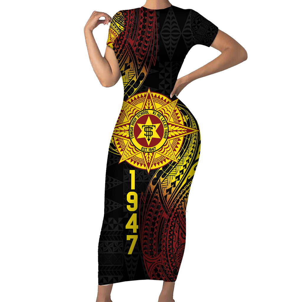 Personalised Tonga High School Family Matching Short Sleeve Bodycon Dress and Hawaiian Shirt Since 1947 Special Kupesi Pattern LT9 Mom's Dress Black - Polynesian Pride