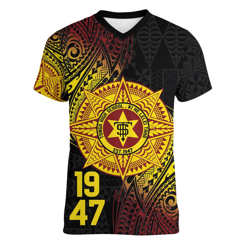 Personalised Tonga High School Women V-Neck T-Shirt Since 1947 Special Kupesi Pattern LT9 Female Black - Polynesian Pride