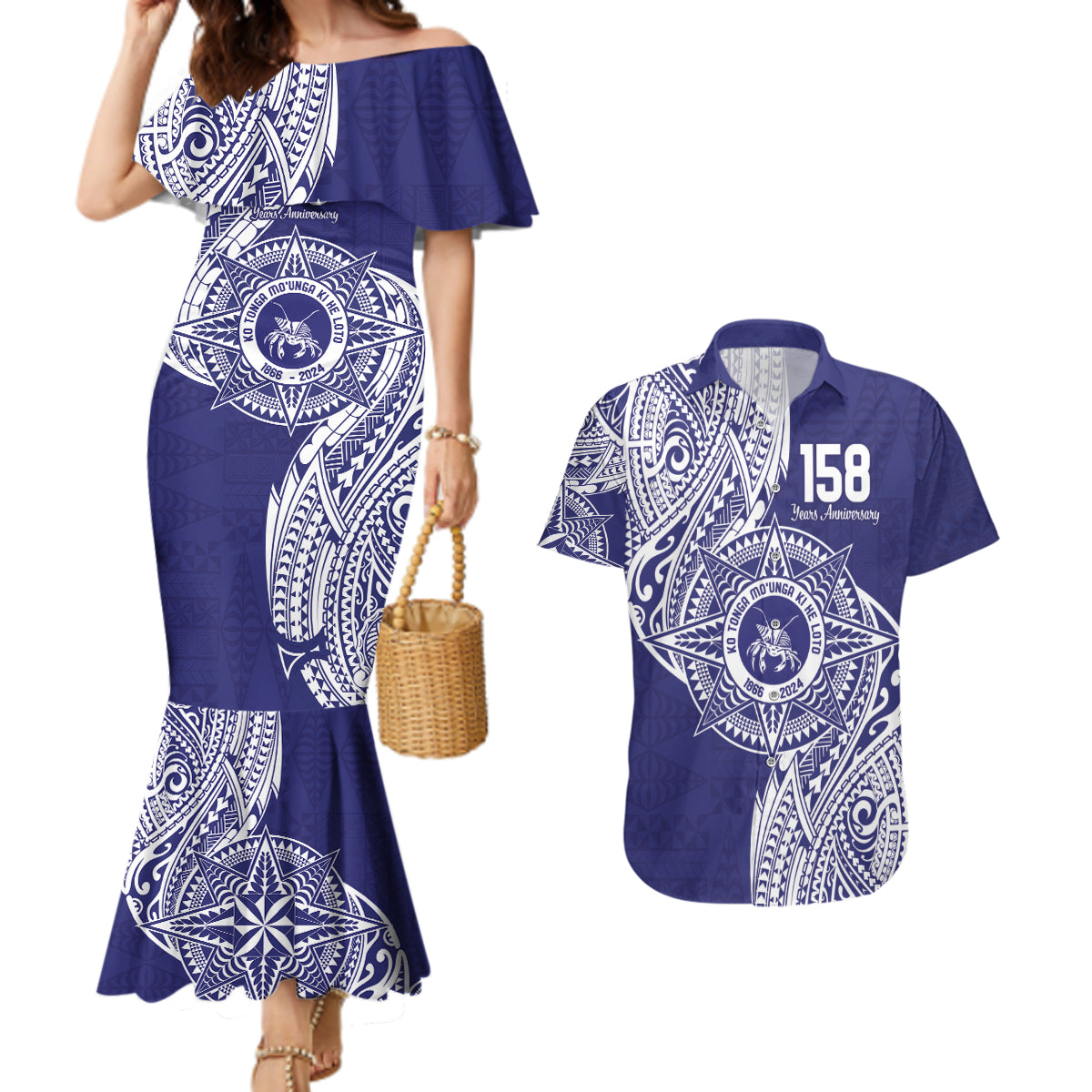 Personalised Tonga Tupou College Tolo 158th Anniversary Couples Matching Mermaid Dress and Hawaiian Shirt Special Kupesi Pattern LT9 Blue - Polynesian Pride
