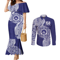 Personalised Tonga Tupou College Tolo 158th Anniversary Couples Matching Mermaid Dress and Long Sleeve Button Shirt Special Kupesi Pattern LT9 Blue - Polynesian Pride