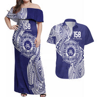 Personalised Tonga Tupou College Tolo 158th Anniversary Couples Matching Off Shoulder Maxi Dress and Hawaiian Shirt Special Kupesi Pattern LT9 Blue - Polynesian Pride