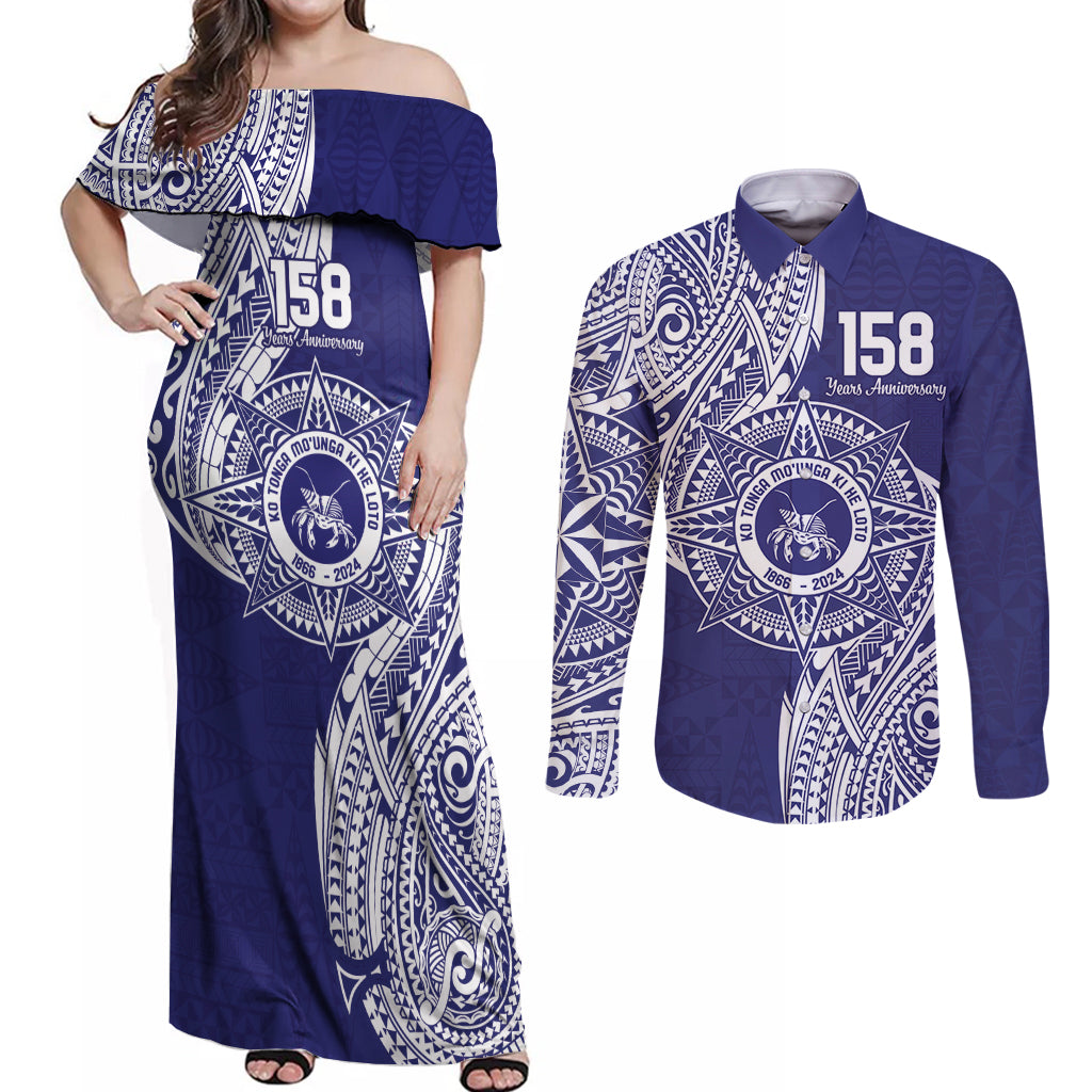 Personalised Tonga Tupou College Tolo 158th Anniversary Couples Matching Off Shoulder Maxi Dress and Long Sleeve Button Shirt Special Kupesi Pattern LT9 Blue - Polynesian Pride