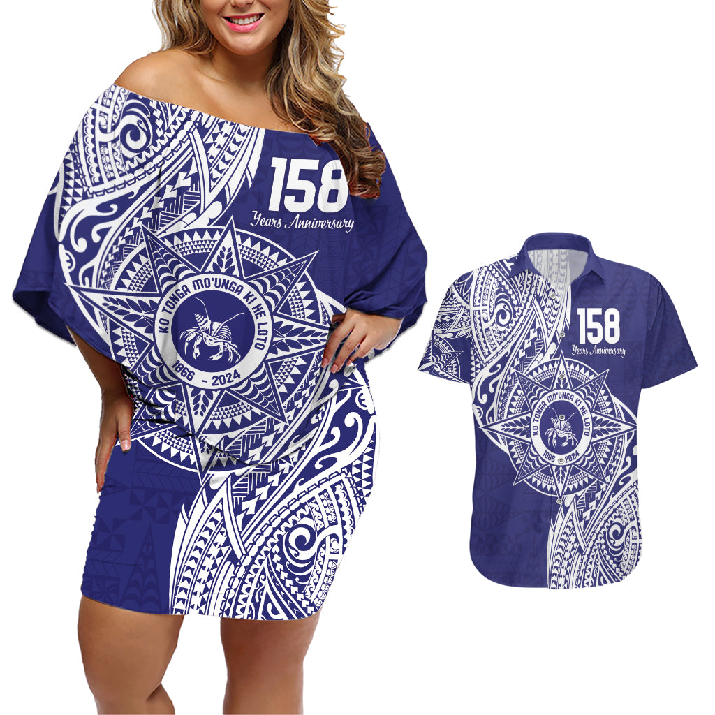 Personalised Tonga Tupou College Tolo 158th Anniversary Couples Matching Off Shoulder Short Dress and Hawaiian Shirt Special Kupesi Pattern LT9 Blue - Polynesian Pride