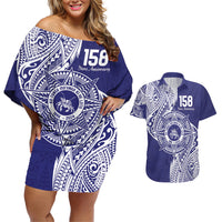 Personalised Tonga Tupou College Tolo 158th Anniversary Couples Matching Off Shoulder Short Dress and Hawaiian Shirt Special Kupesi Pattern LT9 Blue - Polynesian Pride