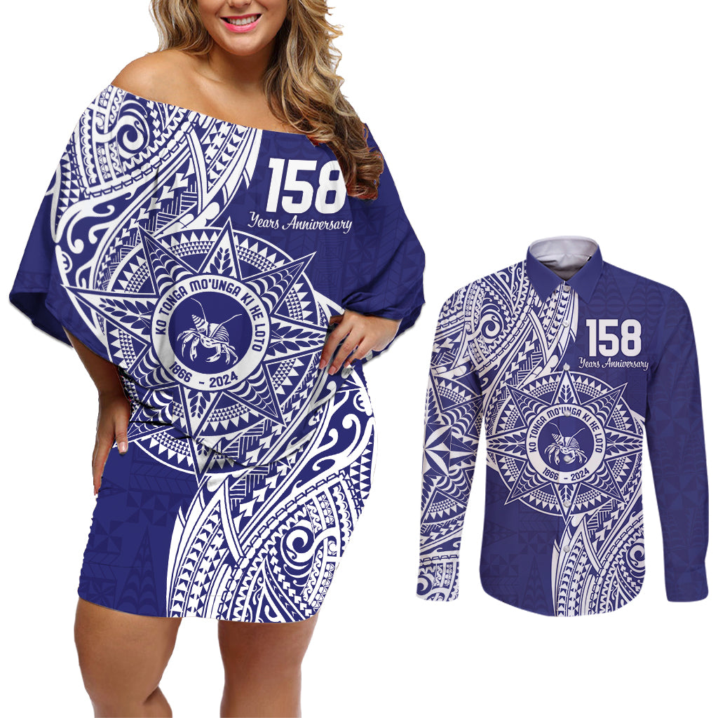 Personalised Tonga Tupou College Tolo 158th Anniversary Couples Matching Off Shoulder Short Dress and Long Sleeve Button Shirt Special Kupesi Pattern LT9 Blue - Polynesian Pride