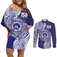 Personalised Tonga Tupou College Tolo 158th Anniversary Couples Matching Off Shoulder Short Dress and Long Sleeve Button Shirt Special Kupesi Pattern LT9 Blue - Polynesian Pride