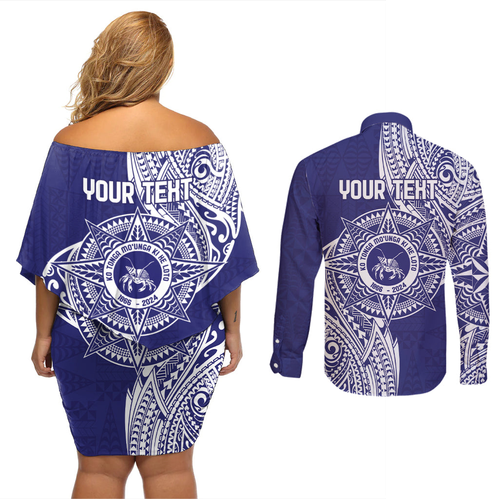 Personalised Tonga Tupou College Tolo 158th Anniversary Couples Matching Off Shoulder Short Dress and Long Sleeve Button Shirt Special Kupesi Pattern LT9 - Polynesian Pride