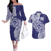 Personalised Tonga Tupou College Tolo 158th Anniversary Couples Matching Off The Shoulder Long Sleeve Dress and Hawaiian Shirt Special Kupesi Pattern LT9 Blue - Polynesian Pride