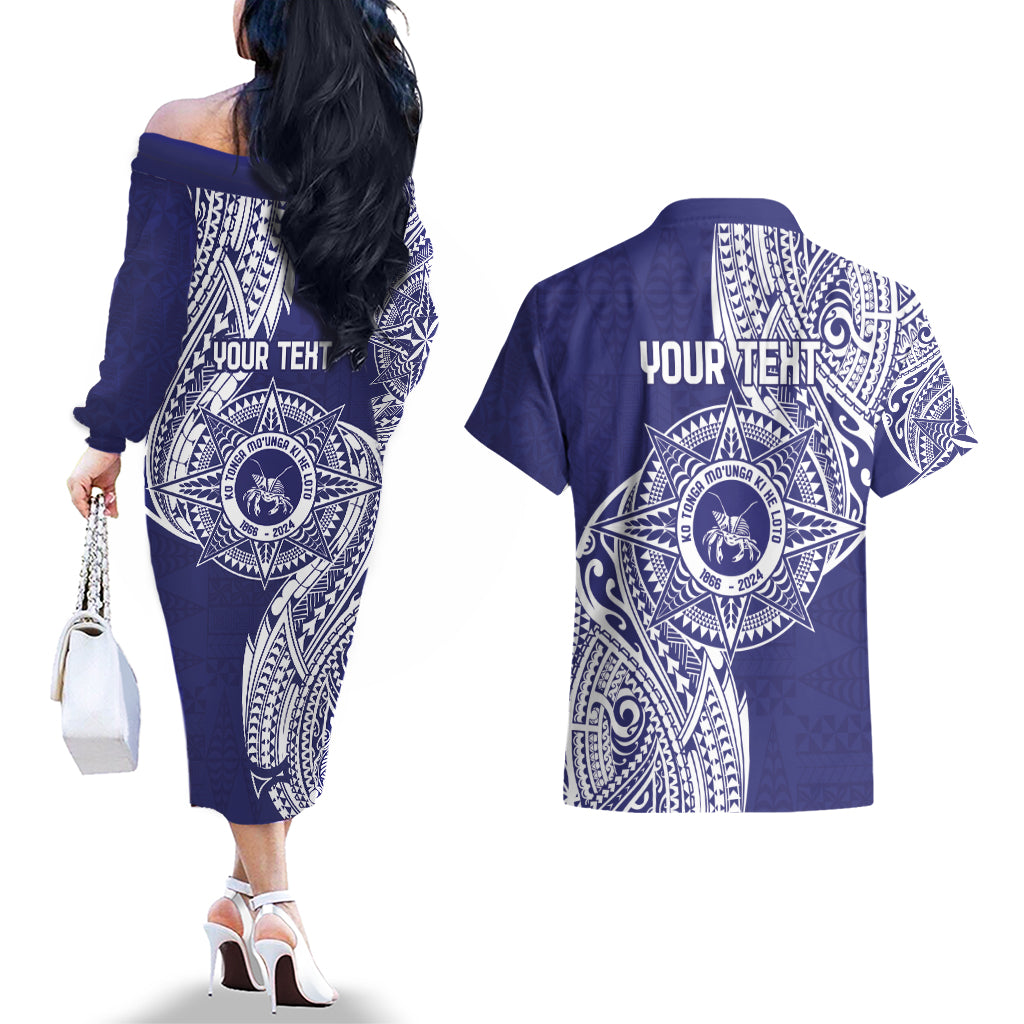 Personalised Tonga Tupou College Tolo 158th Anniversary Couples Matching Off The Shoulder Long Sleeve Dress and Hawaiian Shirt Special Kupesi Pattern LT9 - Polynesian Pride
