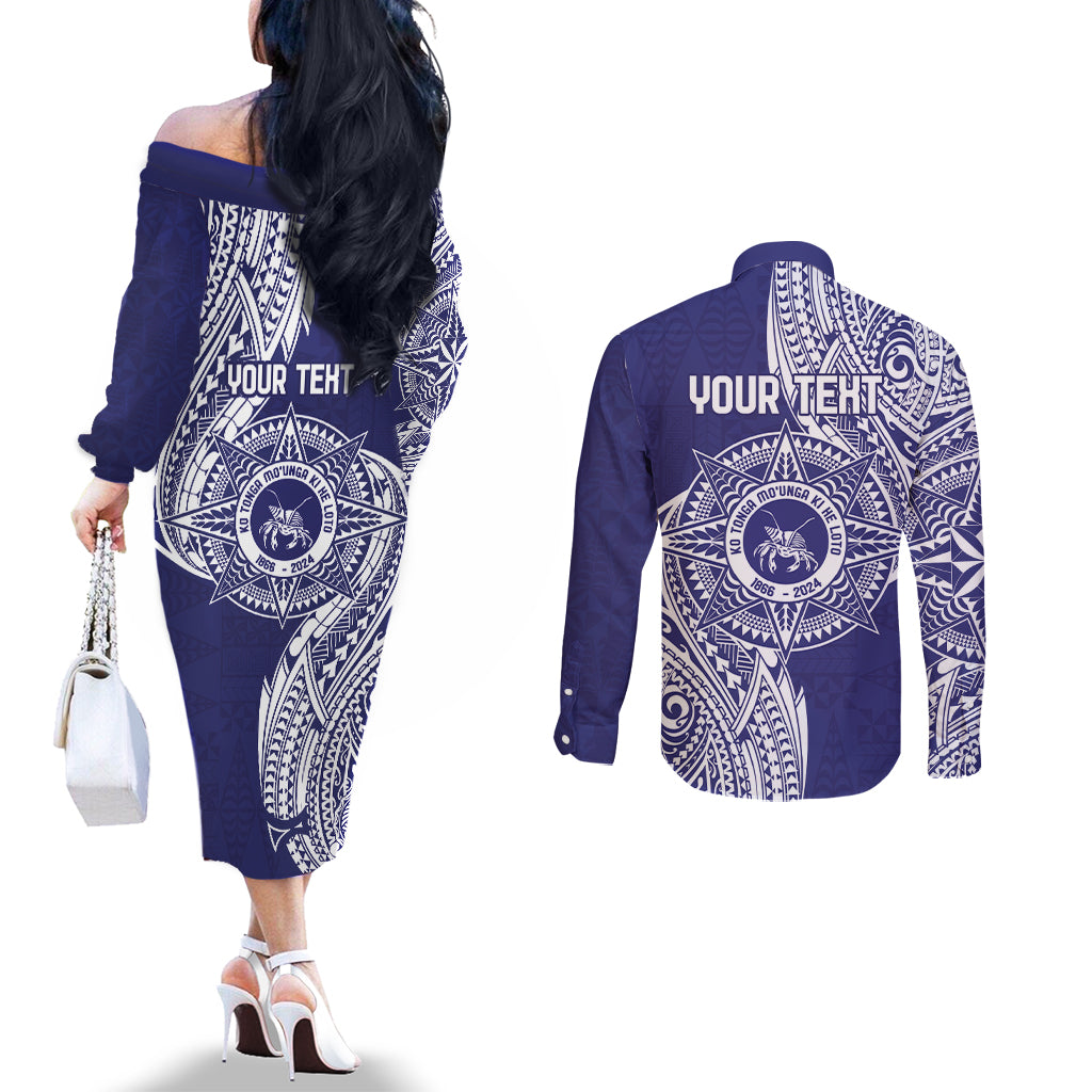 Personalised Tonga Tupou College Tolo 158th Anniversary Couples Matching Off The Shoulder Long Sleeve Dress and Long Sleeve Button Shirt Special Kupesi Pattern LT9 - Polynesian Pride