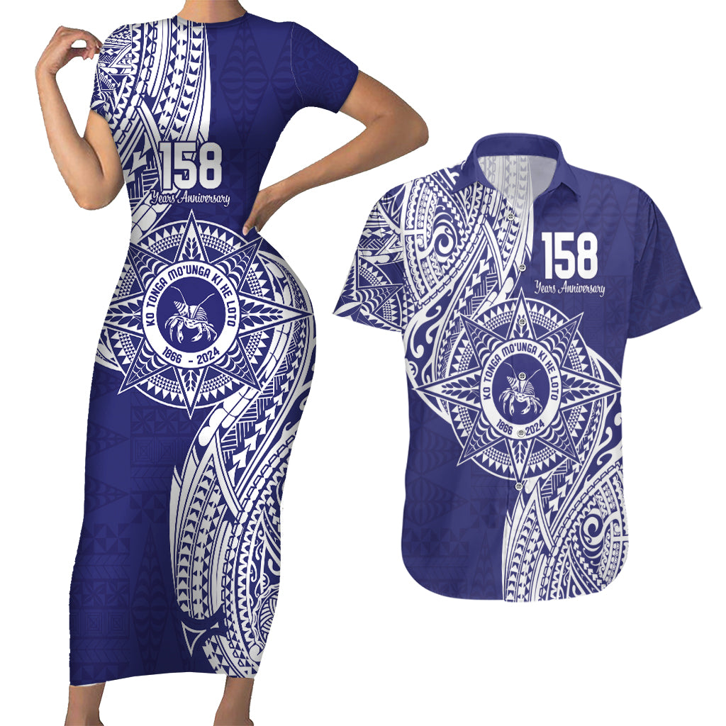 Personalised Tonga Tupou College Tolo 158th Anniversary Couples Matching Short Sleeve Bodycon Dress and Hawaiian Shirt Special Kupesi Pattern LT9 Blue - Polynesian Pride
