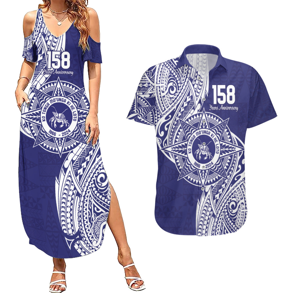 Personalised Tonga Tupou College Tolo 158th Anniversary Couples Matching Summer Maxi Dress and Hawaiian Shirt Special Kupesi Pattern LT9 Blue - Polynesian Pride