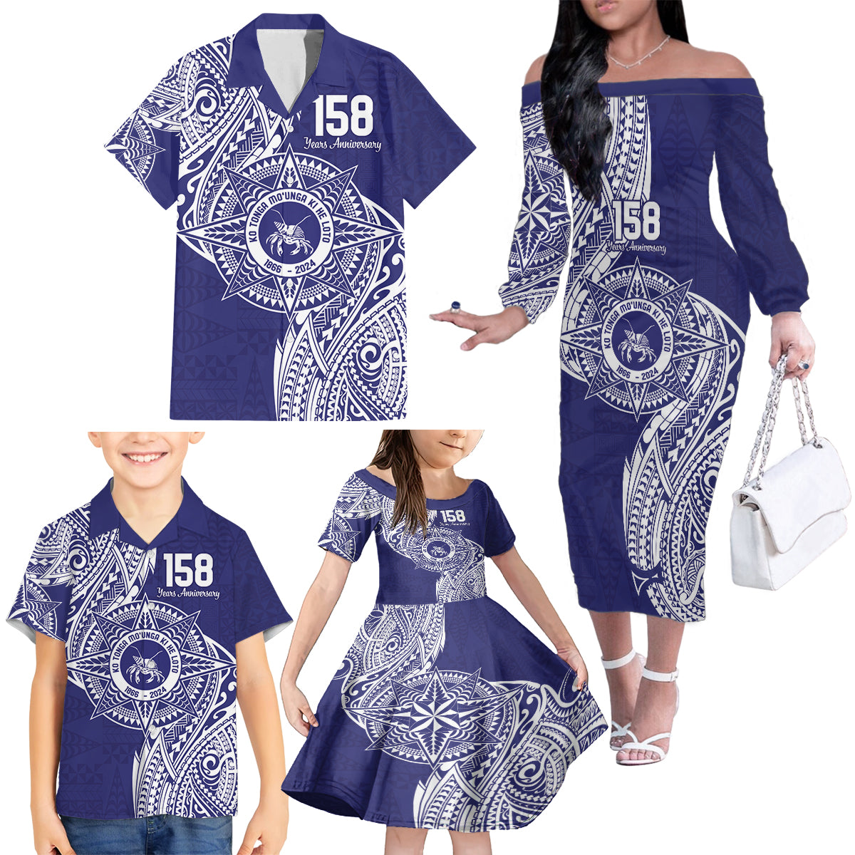 Personalised Tonga Tupou College Tolo 158th Anniversary Family Matching Off The Shoulder Long Sleeve Dress and Hawaiian Shirt Special Kupesi Pattern LT9 - Polynesian Pride