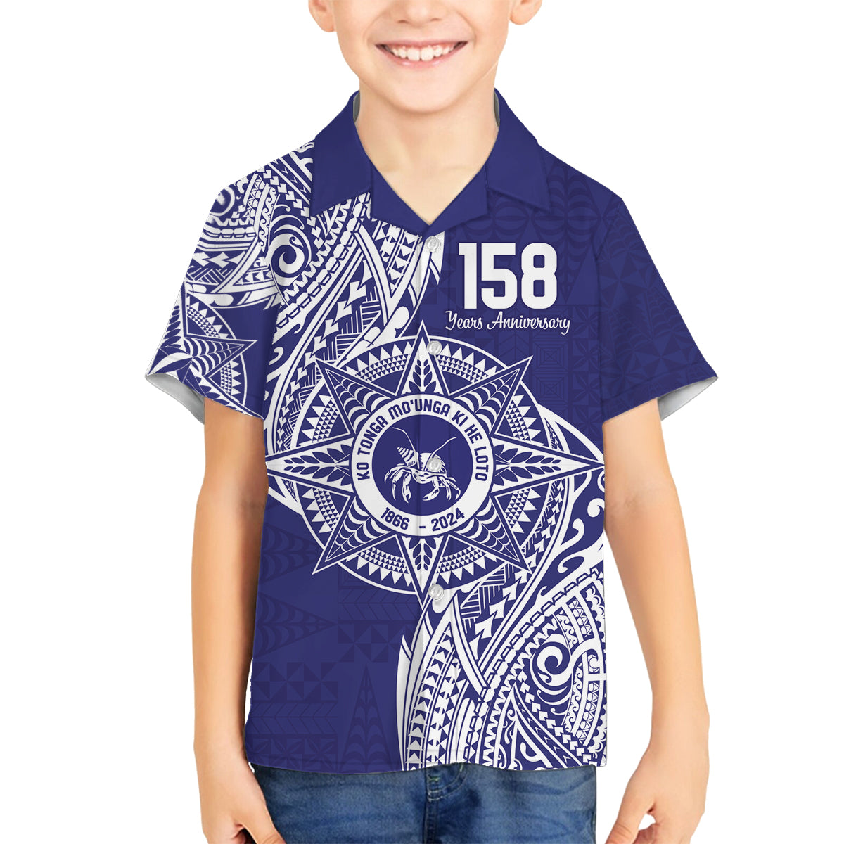Personalised Tonga Tupou College Tolo 158th Anniversary Family Matching Off The Shoulder Long Sleeve Dress and Hawaiian Shirt Special Kupesi Pattern LT9 Son's Shirt Blue - Polynesian Pride