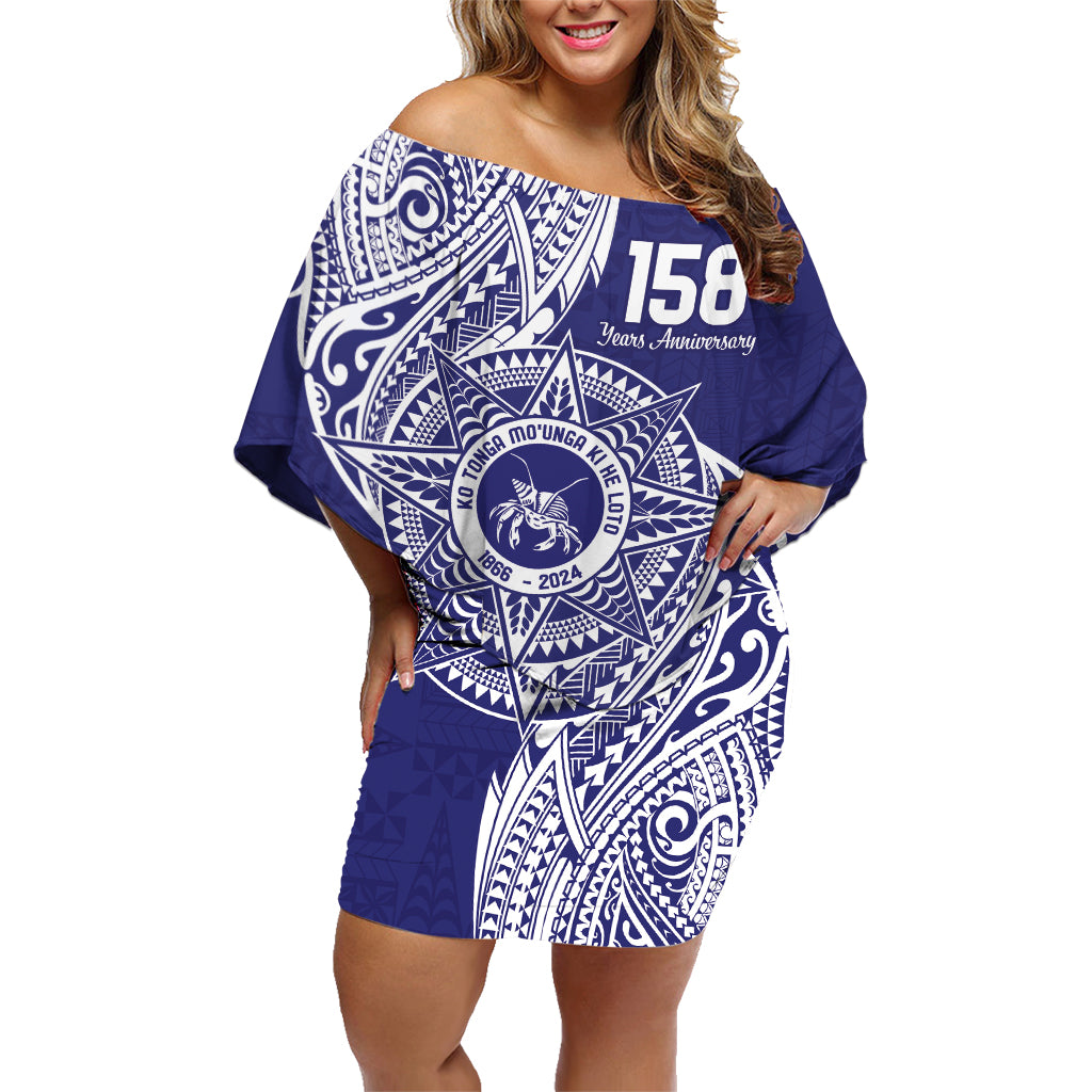 Personalised Tonga Tupou College Tolo 158th Anniversary Family Matching Off Shoulder Short Dress and Hawaiian Shirt Special Kupesi Pattern LT9 Mom's Dress Blue - Polynesian Pride