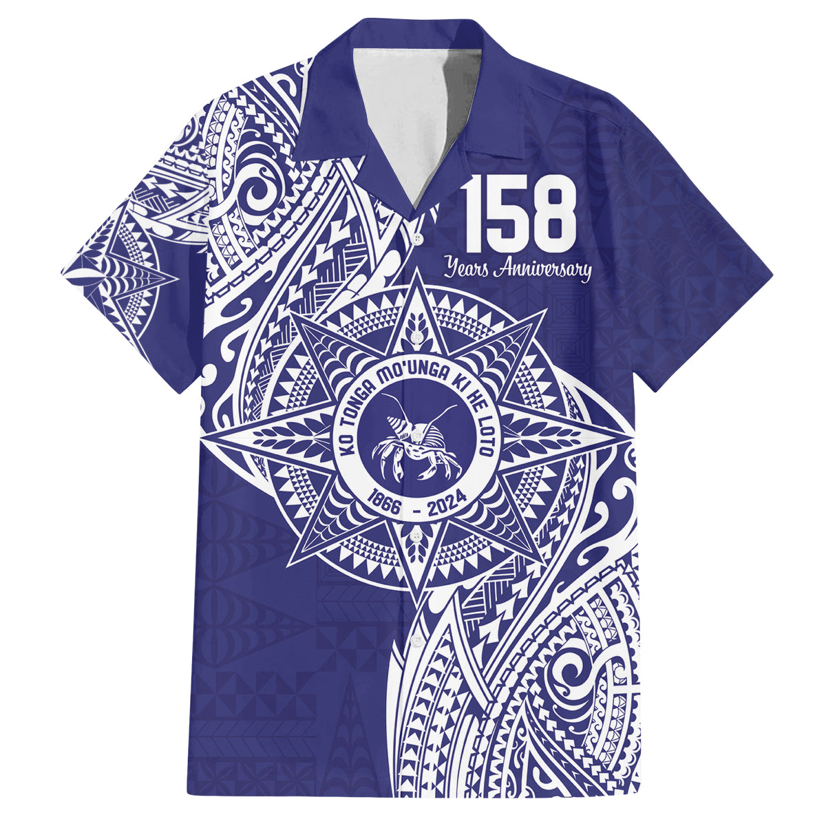 Personalised Tonga Tupou College Tolo 158th Anniversary Family Matching Puletasi and Hawaiian Shirt Special Kupesi Pattern LT9 Dad's Shirt - Short Sleeve Blue - Polynesian Pride