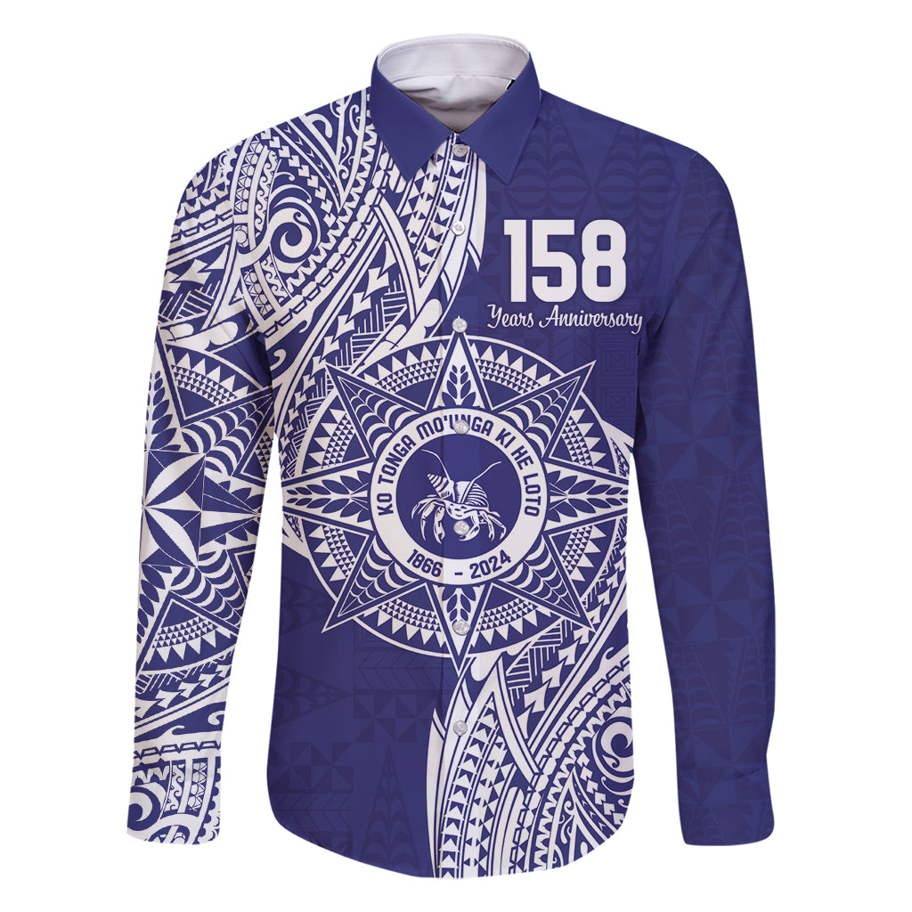 Personalised Tonga Tupou College Tolo 158th Anniversary Family Matching Summer Maxi Dress and Hawaiian Shirt Special Kupesi Pattern LT9 Dad's Shirt - Long Sleeve Blue - Polynesian Pride