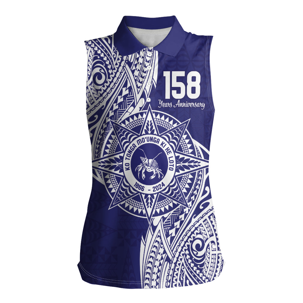 Personalised Tonga Tupou College Tolo 158th Anniversary Women Sleeveless Polo Shirt Special Kupesi Pattern LT9 Female Blue - Polynesian Pride