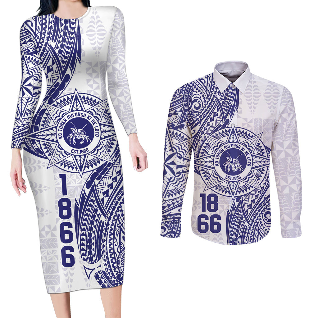 Personalised Tonga Tupou College Tolo Couples Matching Long Sleeve Bodycon Dress and Long Sleeve Button Shirt Since 1866 Special Kupesi Pattern LT9 White - Polynesian Pride