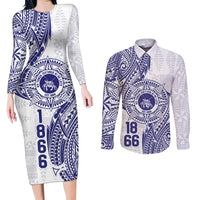 Personalised Tonga Tupou College Tolo Couples Matching Long Sleeve Bodycon Dress and Long Sleeve Button Shirt Since 1866 Special Kupesi Pattern LT9 White - Polynesian Pride