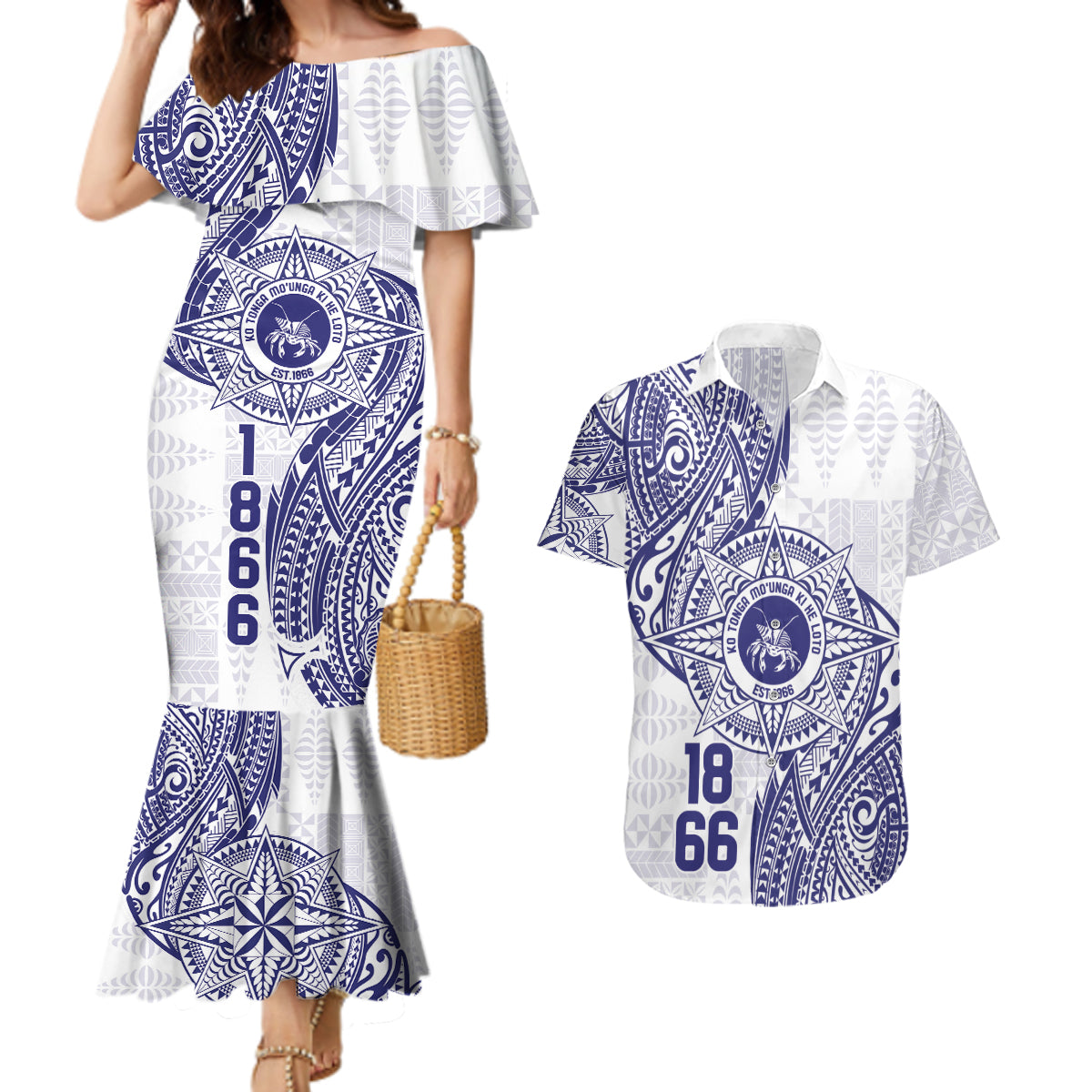 Personalised Tonga Tupou College Tolo Couples Matching Mermaid Dress and Hawaiian Shirt Since 1866 Special Kupesi Pattern LT9 White - Polynesian Pride