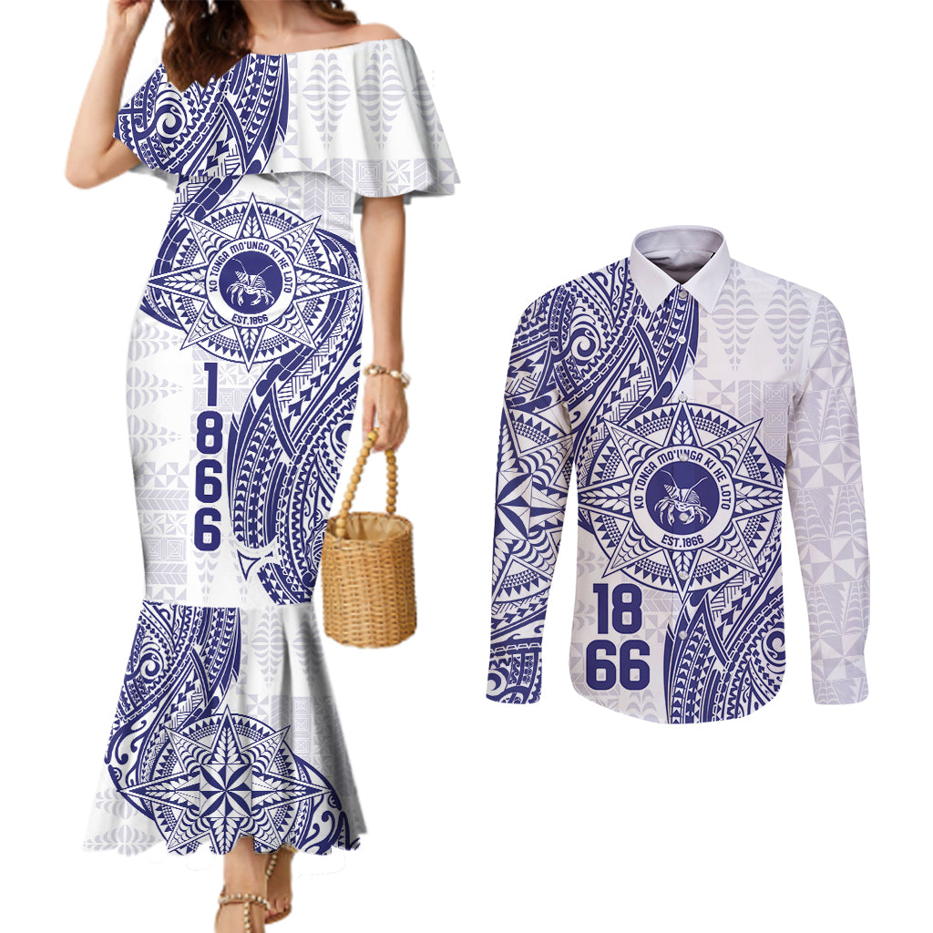Personalised Tonga Tupou College Tolo Couples Matching Mermaid Dress and Long Sleeve Button Shirt Since 1866 Special Kupesi Pattern LT9 White - Polynesian Pride