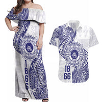 Personalised Tonga Tupou College Tolo Couples Matching Off Shoulder Maxi Dress and Hawaiian Shirt Since 1866 Special Kupesi Pattern LT9 White - Polynesian Pride
