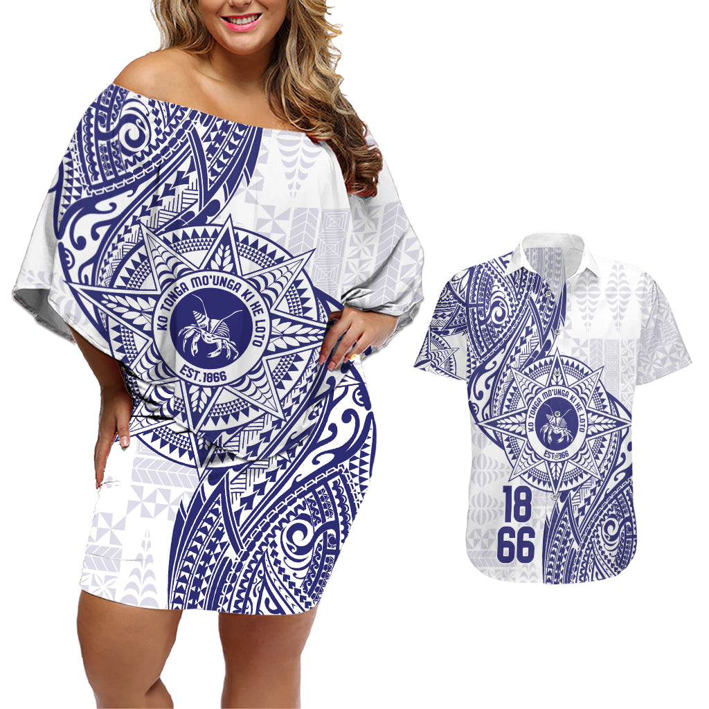 Personalised Tonga Tupou College Tolo Couples Matching Off Shoulder Short Dress and Hawaiian Shirt Since 1866 Special Kupesi Pattern LT9 White - Polynesian Pride