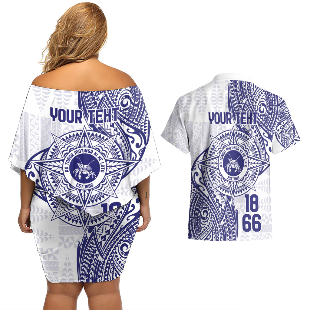 Personalised Tonga Tupou College Tolo Couples Matching Off Shoulder Short Dress and Hawaiian Shirt Since 1866 Special Kupesi Pattern LT9 - Polynesian Pride