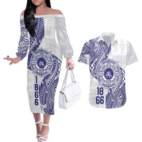 Personalised Tonga Tupou College Tolo Couples Matching Off The Shoulder Long Sleeve Dress and Hawaiian Shirt Since 1866 Special Kupesi Pattern LT9 White - Polynesian Pride