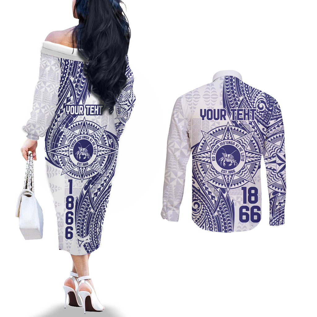 Personalised Tonga Tupou College Tolo Couples Matching Off The Shoulder Long Sleeve Dress and Long Sleeve Button Shirt Since 1866 Special Kupesi Pattern LT9 - Polynesian Pride