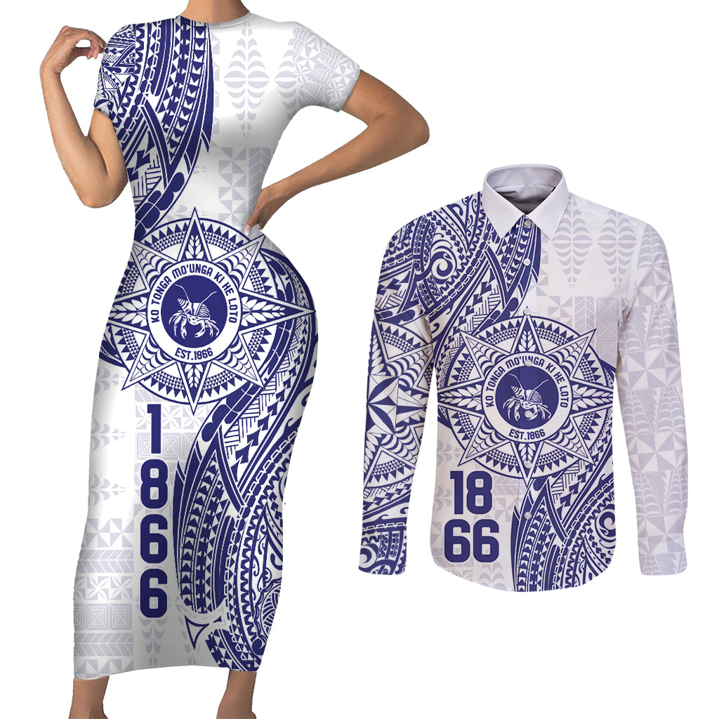 Personalised Tonga Tupou College Tolo Couples Matching Short Sleeve Bodycon Dress and Long Sleeve Button Shirt Since 1866 Special Kupesi Pattern LT9 White - Polynesian Pride