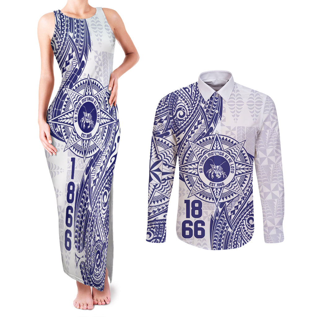 Personalised Tonga Tupou College Tolo Couples Matching Tank Maxi Dress and Long Sleeve Button Shirt Since 1866 Special Kupesi Pattern LT9 White - Polynesian Pride