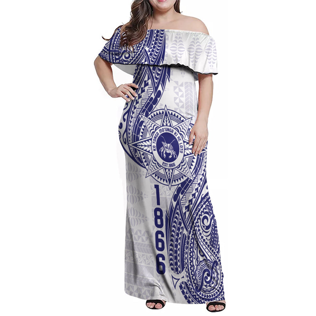 Personalised Tonga Tupou College Tolo Family Matching Off Shoulder Maxi Dress and Hawaiian Shirt Since 1866 Special Kupesi Pattern LT9 Mom's Dress White - Polynesian Pride