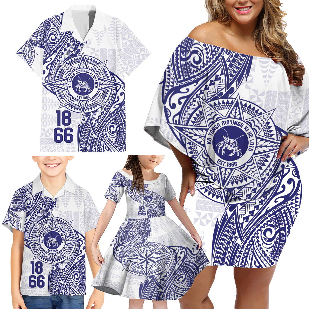 Personalised Tonga Tupou College Tolo Family Matching Off Shoulder Short Dress and Hawaiian Shirt Since 1866 Special Kupesi Pattern LT9 - Polynesian Pride