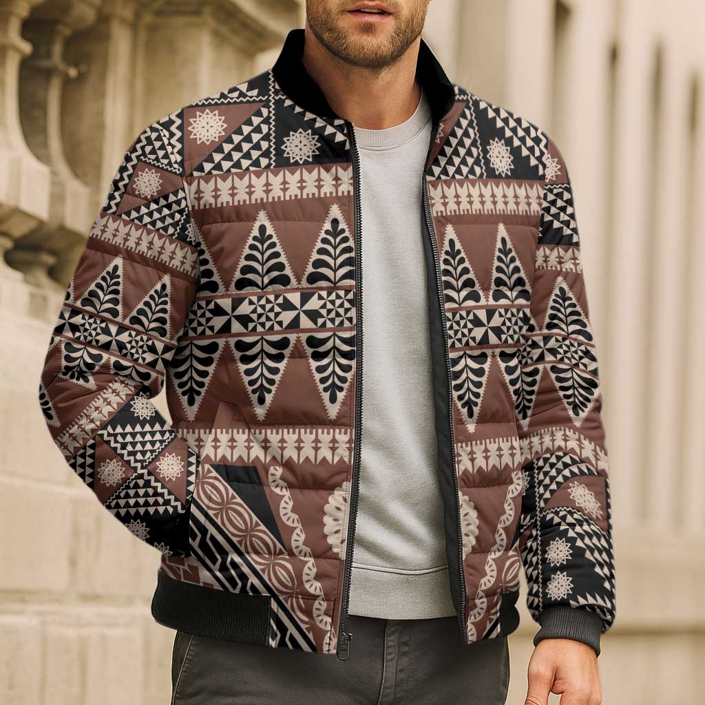 Vintage Bula Fiji Bomber Puffer Jacket Brown Tapa Masi Motif - Polynesian Pride