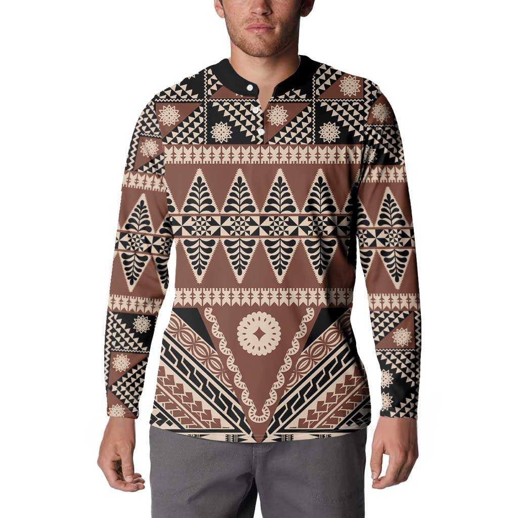Vintage Bula Fiji Button Sweatshirt Brown Tapa Masi Motif