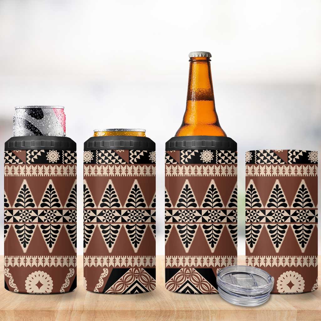 Vintage Bula Fiji 4 in 1 Can Cooler Tumbler Brown Tapa Masi Motif LT9 - Polynesian Pride