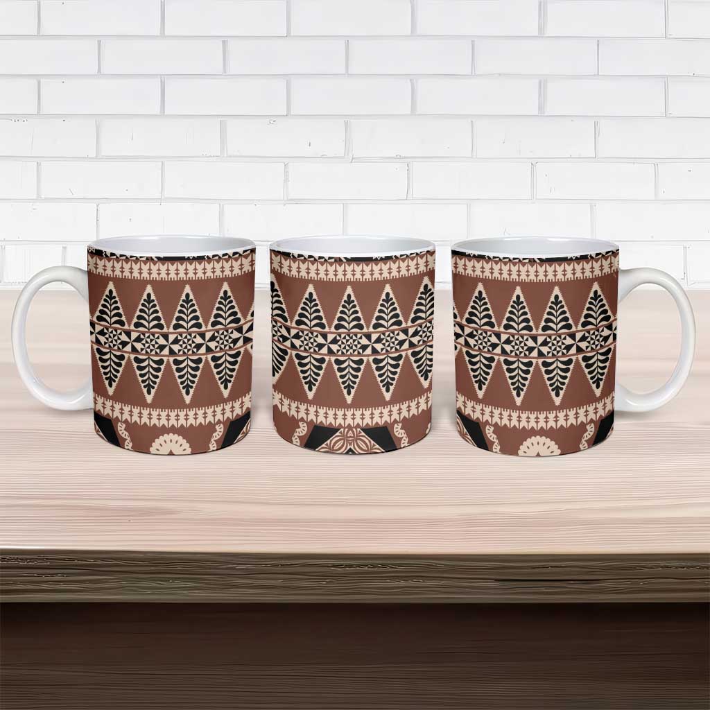 Vintage Bula Fiji Ceramic Mug Brown Tapa Masi Motif - Polynesian Pride