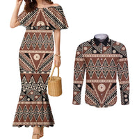 Vintage Bula Fiji Couples Matching Mermaid Dress and Long Sleeve Button Shirt Brown Tapa Masi Motif LT9 Brown - Polynesian Pride