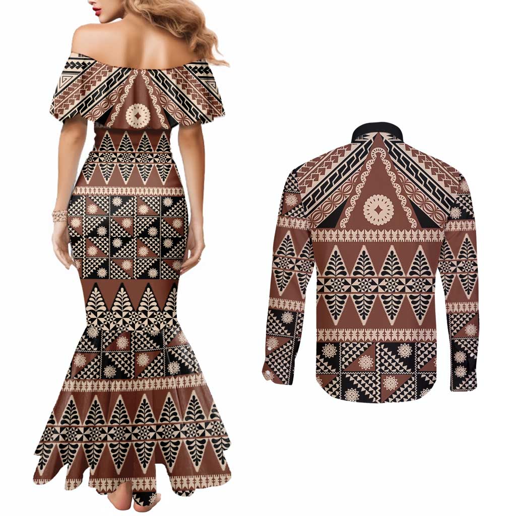 Vintage Bula Fiji Couples Matching Mermaid Dress and Long Sleeve Button Shirt Brown Tapa Masi Motif LT9 - Polynesian Pride
