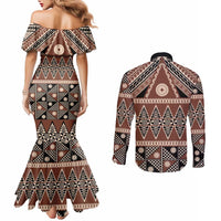 Vintage Bula Fiji Couples Matching Mermaid Dress and Long Sleeve Button Shirt Brown Tapa Masi Motif LT9 - Polynesian Pride