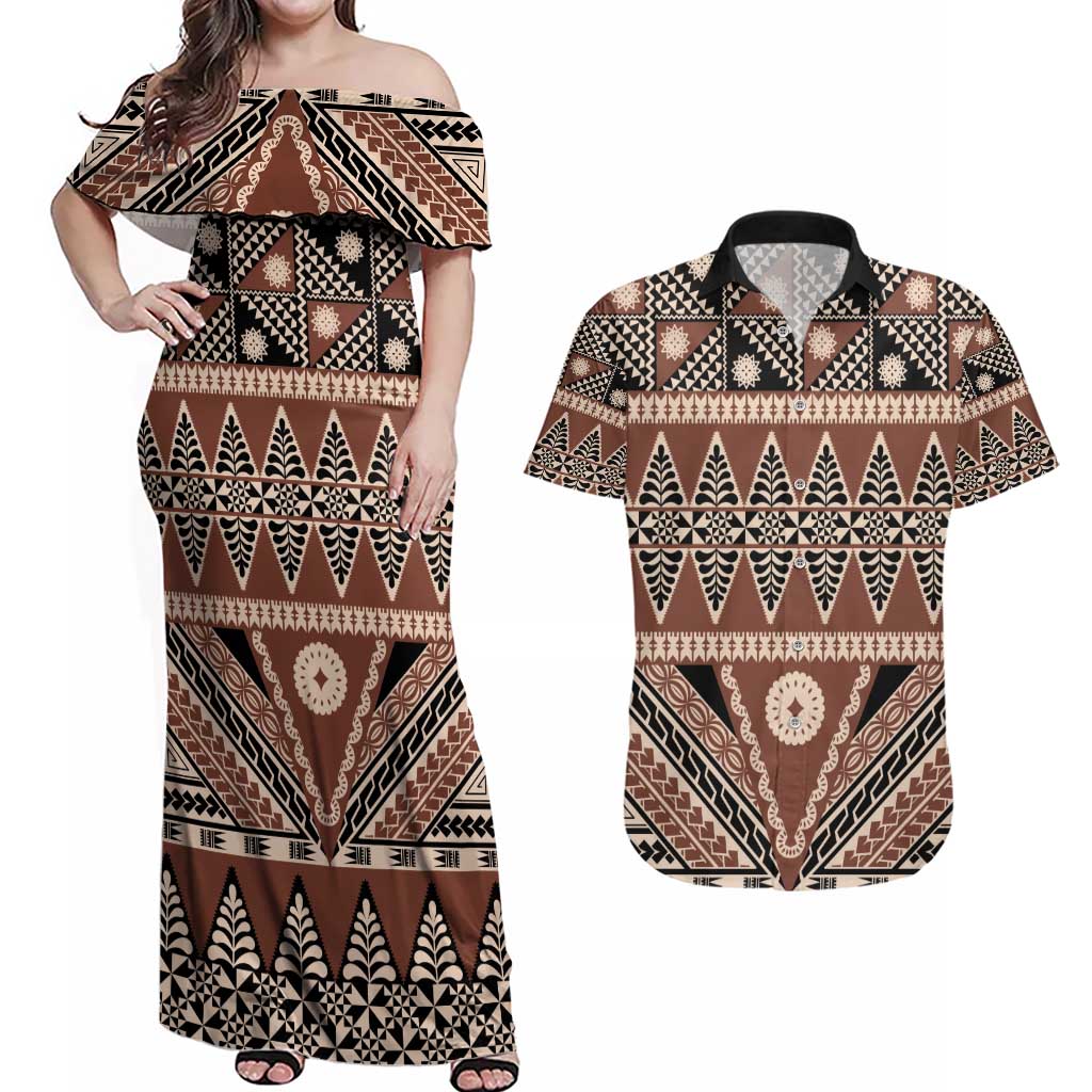 Vintage Bula Fiji Couples Matching Off Shoulder Maxi Dress and Hawaiian Shirt Brown Tapa Masi Motif LT9 Brown - Polynesian Pride