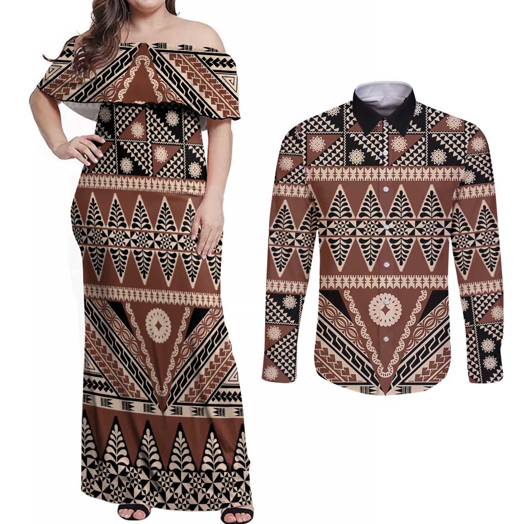Vintage Bula Fiji Couples Matching Off Shoulder Maxi Dress and Long Sleeve Button Shirt Brown Tapa Masi Motif LT9 Brown - Polynesian Pride