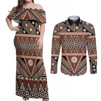 Vintage Bula Fiji Couples Matching Off Shoulder Maxi Dress and Long Sleeve Button Shirt Brown Tapa Masi Motif LT9 Brown - Polynesian Pride