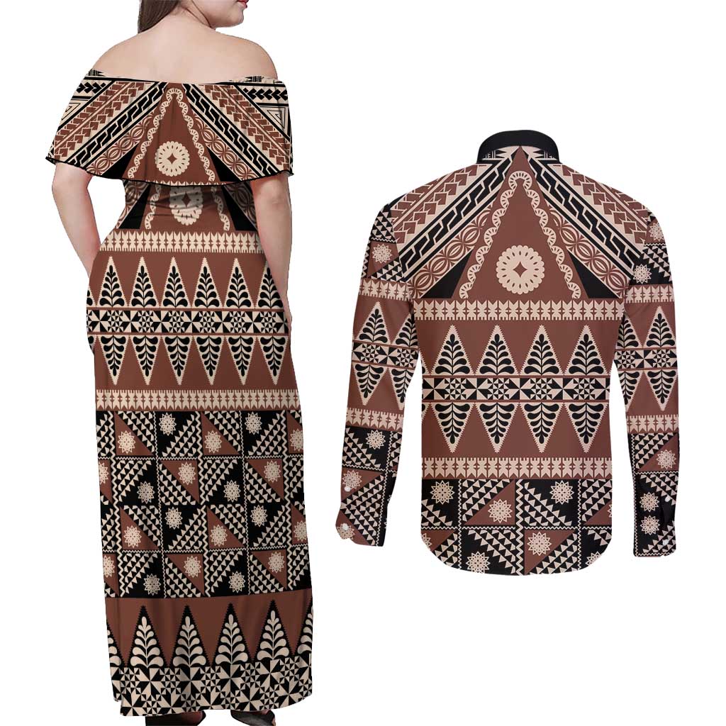 Vintage Bula Fiji Couples Matching Off Shoulder Maxi Dress and Long Sleeve Button Shirt Brown Tapa Masi Motif LT9 - Polynesian Pride