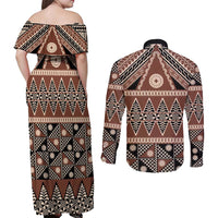 Vintage Bula Fiji Couples Matching Off Shoulder Maxi Dress and Long Sleeve Button Shirt Brown Tapa Masi Motif LT9 - Polynesian Pride