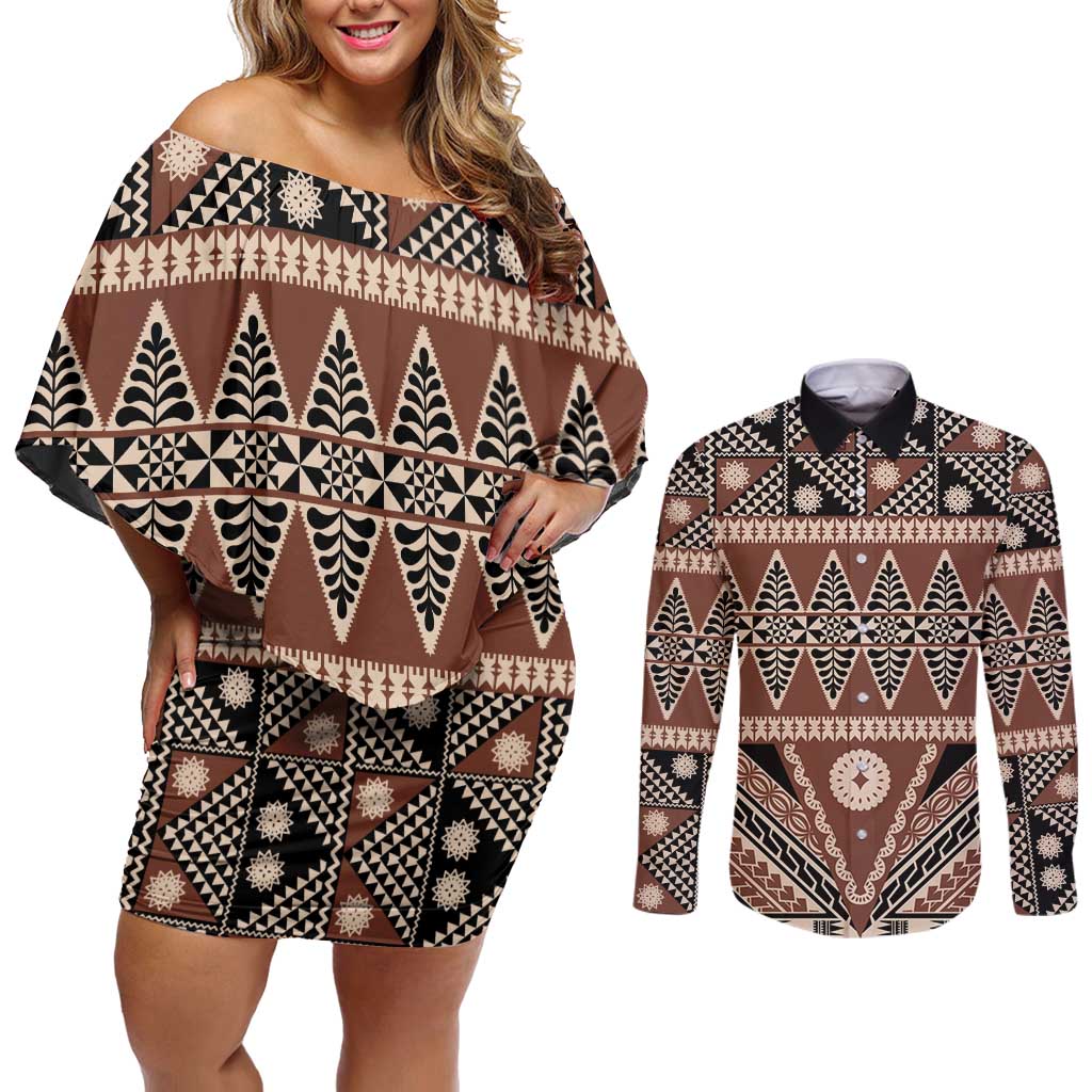 Vintage Bula Fiji Couples Matching Off Shoulder Short Dress and Long Sleeve Button Shirt Brown Tapa Masi Motif LT9 Brown - Polynesian Pride